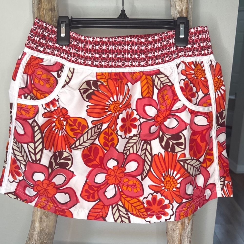 Athleta Boogie Board Skirt orange pink tropical floral print‎ elastic waist XS